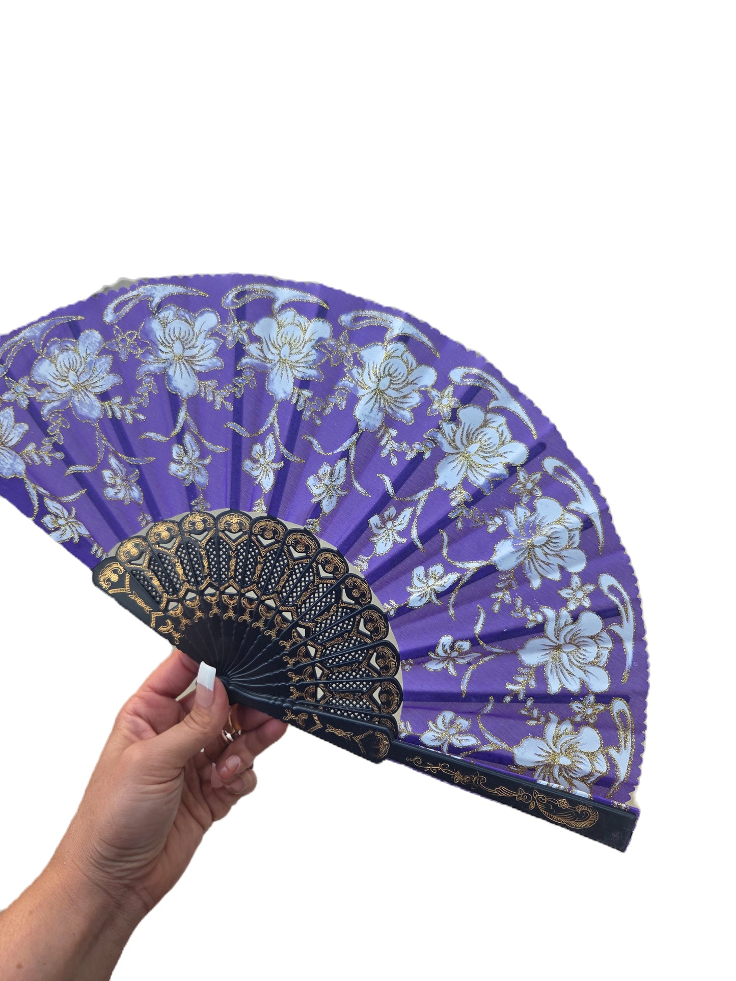 Beautiful hand held fan with glitter designs