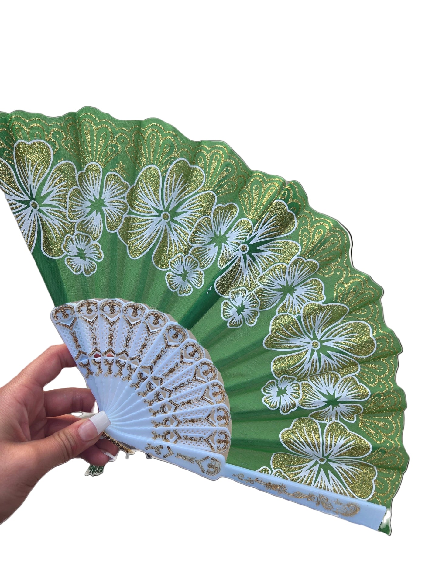Beautiful hand held fan with glitter designs