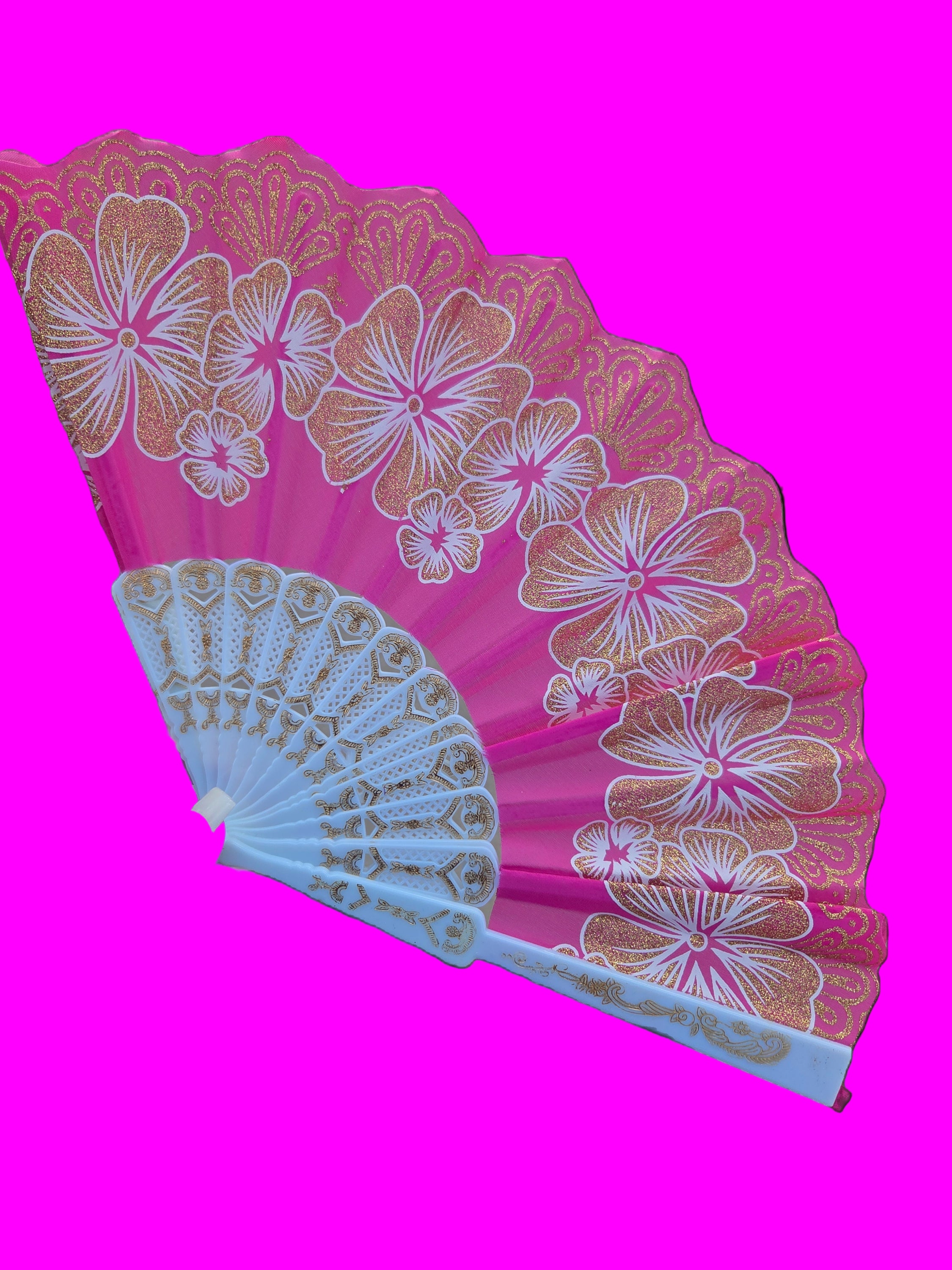Pink with glitter gold flowers fan image 0